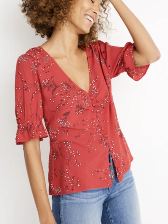Madewell Tops - Madewell Red Floral V‑Neck Button Front Blouse